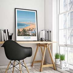 Agadir Morocco Print – Panoramic Beach and Palm Tree Wall Decor displayed in a modern home office.