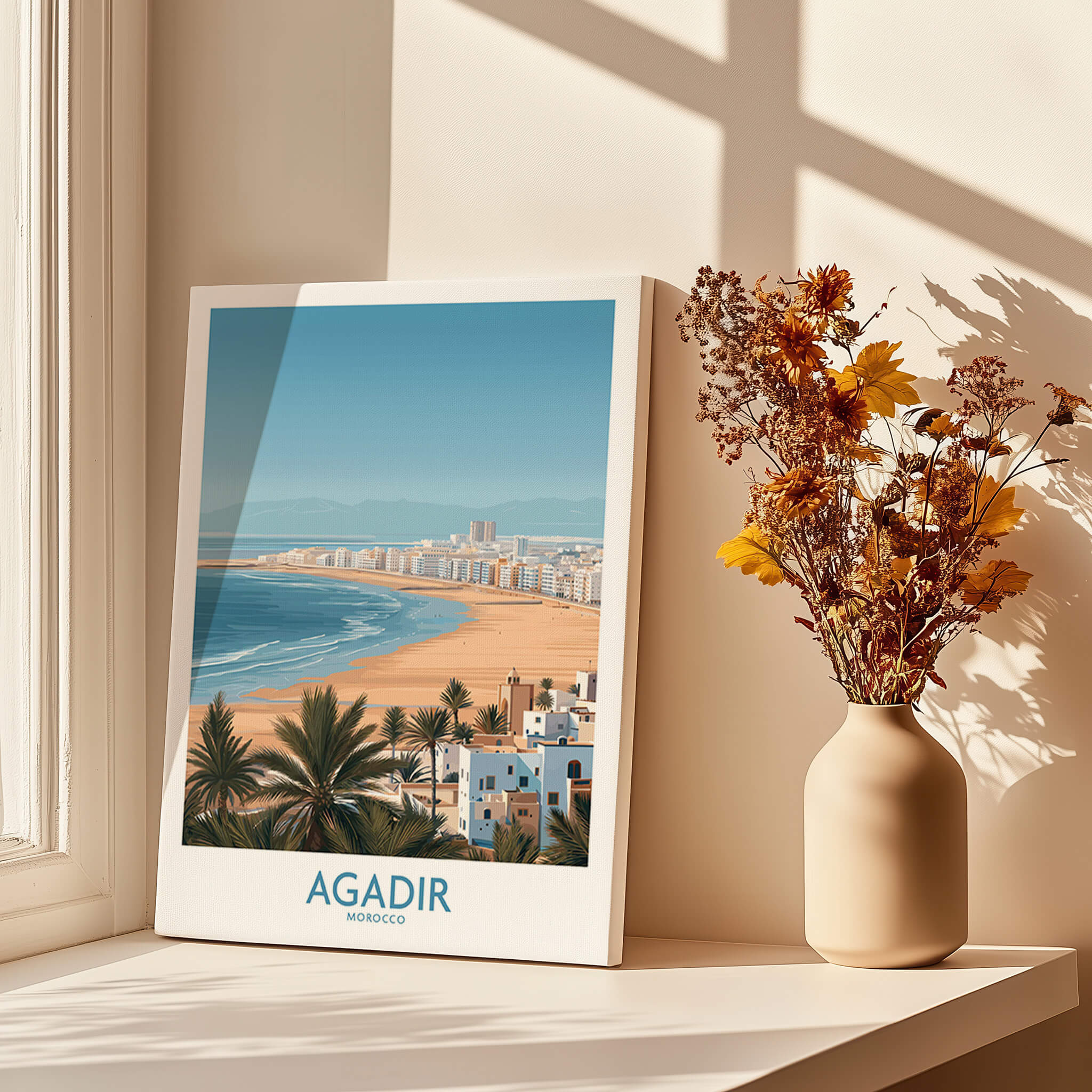 Agadir Morocco Print – Panoramic Beach and Palm Tree Wall Decor displayed in a bright room with decor elements.