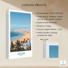 Agadir Morocco Print – Panoramic Beach and Palm Tree Wall Decor showcasing professional Giclée printing on canvas.