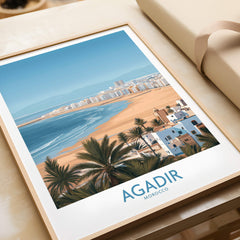 Agadir Morocco Print – Panoramic Beach and Palm Tree Wall Decor displayed in a stylish frame on a surface.