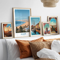 Agadir Morocco Print – Panoramic Beach and Palm Tree Wall Decor displayed alongside other city prints.