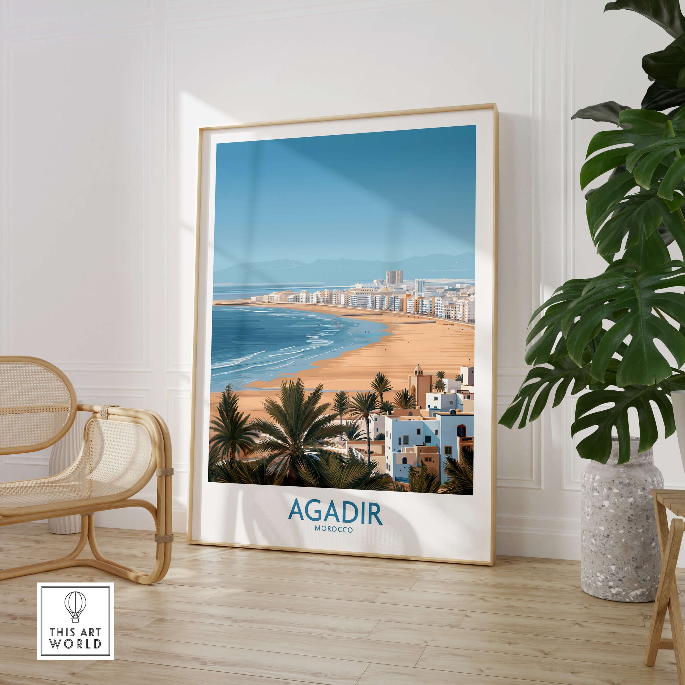 Agadir Morocco Print – Panoramic Beach and Palm Tree Wall Decor showcased in a stylish interior setting.