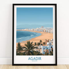 Agadir Morocco Print – Panoramic Beach and Palm Tree Wall Decor showcasing a vibrant beach scene with palms.