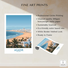 Agadir Morocco Print – Panoramic Beach and Palm Tree Wall Decor showcasing professional Giclée printing and eco-friendly materials.