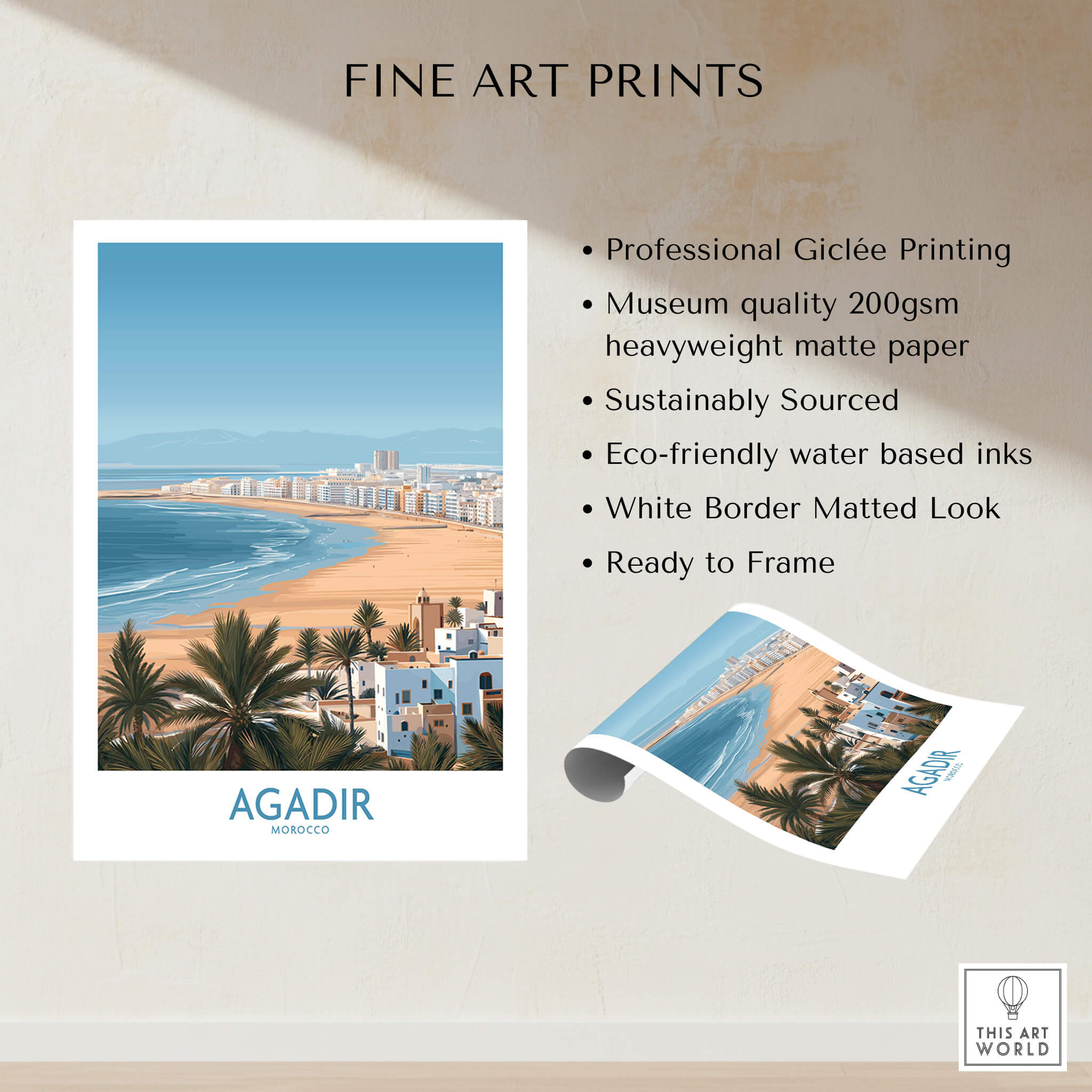 Agadir Morocco Print – Panoramic Beach and Palm Tree Wall Decor showcasing professional Giclée printing and eco-friendly materials.
