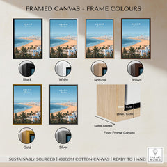 Agadir Morocco Poster – Travel Print displayed with various frame colors including black, white, natural, brown, gold, and silver.