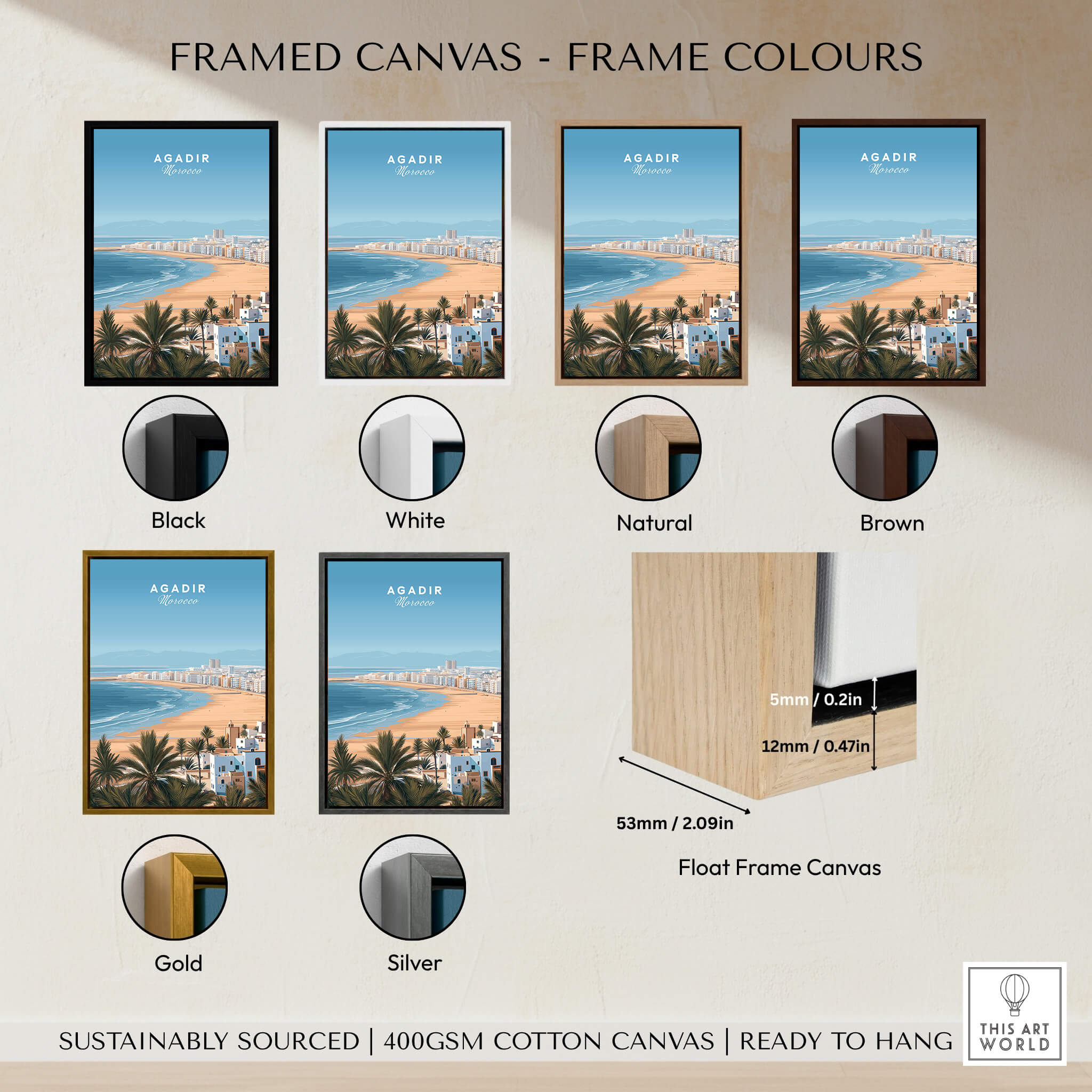 Agadir Morocco Poster – Travel Print displayed with various frame colors including black, white, natural, brown, gold, and silver.
