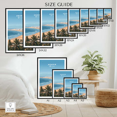 Agadir Morocco Poster – Travel Print size guide showcasing various frame sizes for home decor.