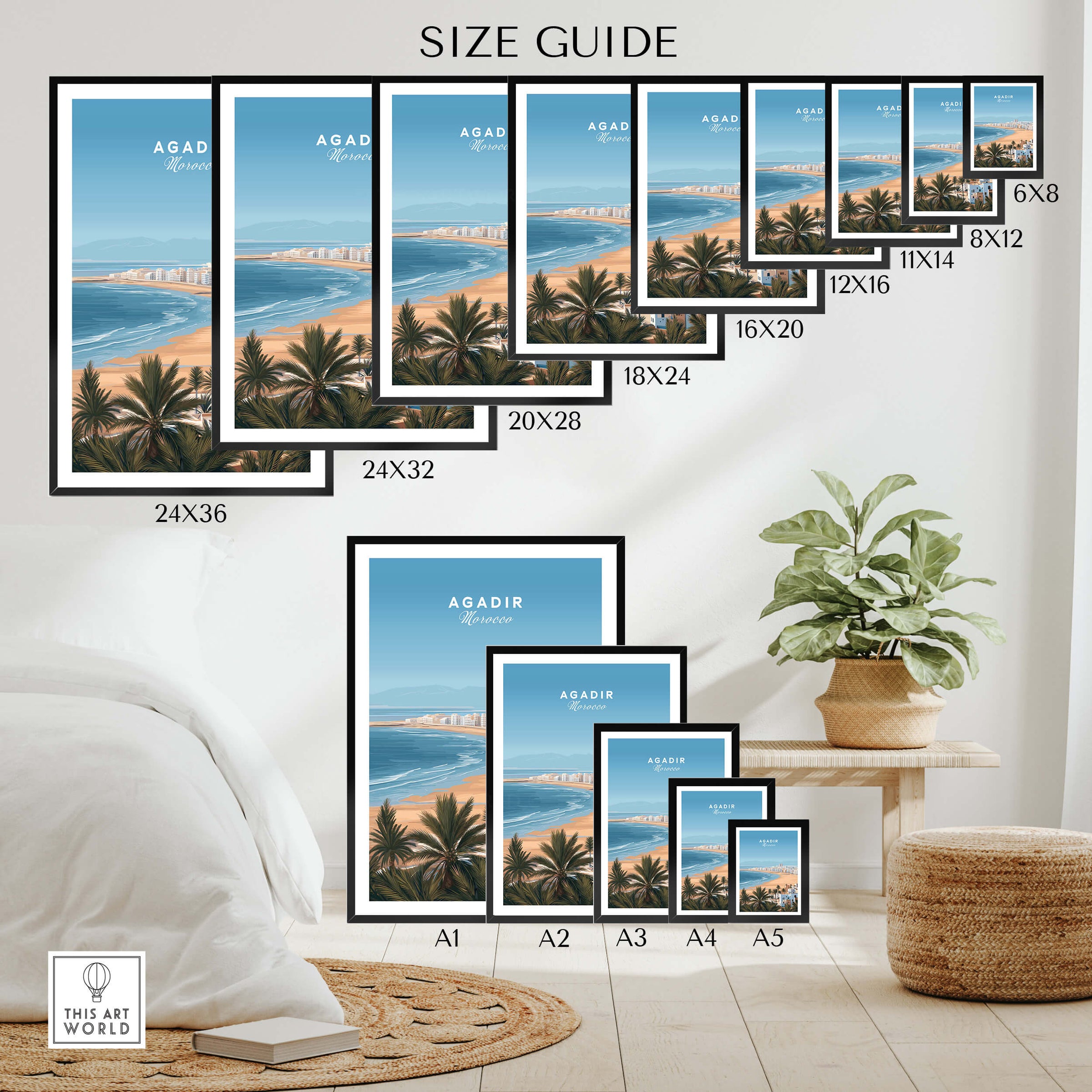 Agadir Morocco Poster – Travel Print size guide showcasing various frame sizes for home decor.