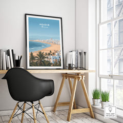 Agadir Morocco Poster – Travel Print framed in a stylish room showcasing beach views and modern decor.