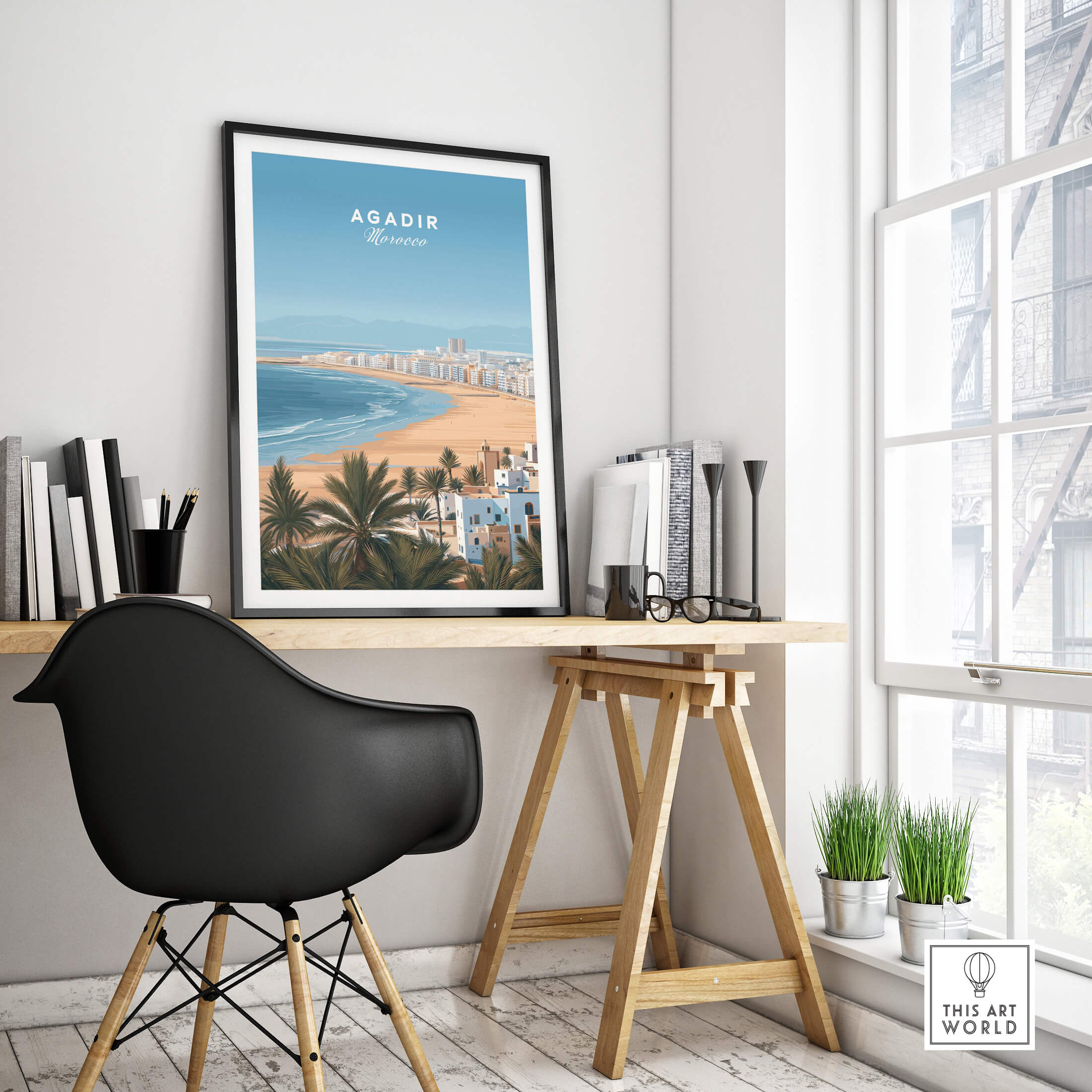 Agadir Morocco Poster – Travel Print framed in a stylish room showcasing beach views and modern decor.