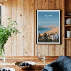 Agadir Morocco Poster – Travel Print showcasing Agadir's beach and palm trees in a stylish room setting.
