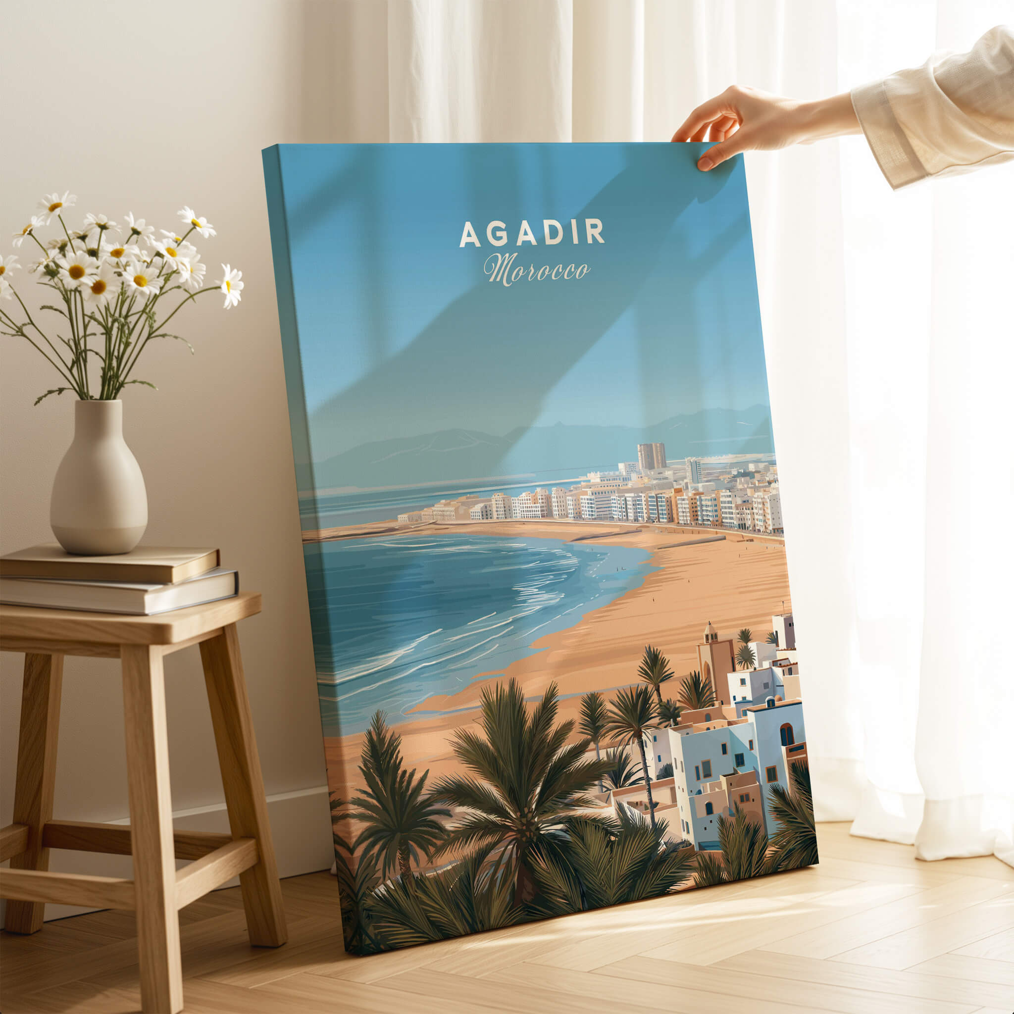 Agadir Morocco Poster – Travel Print showcasing coastal scenery and palm trees in a vibrant artistic style.