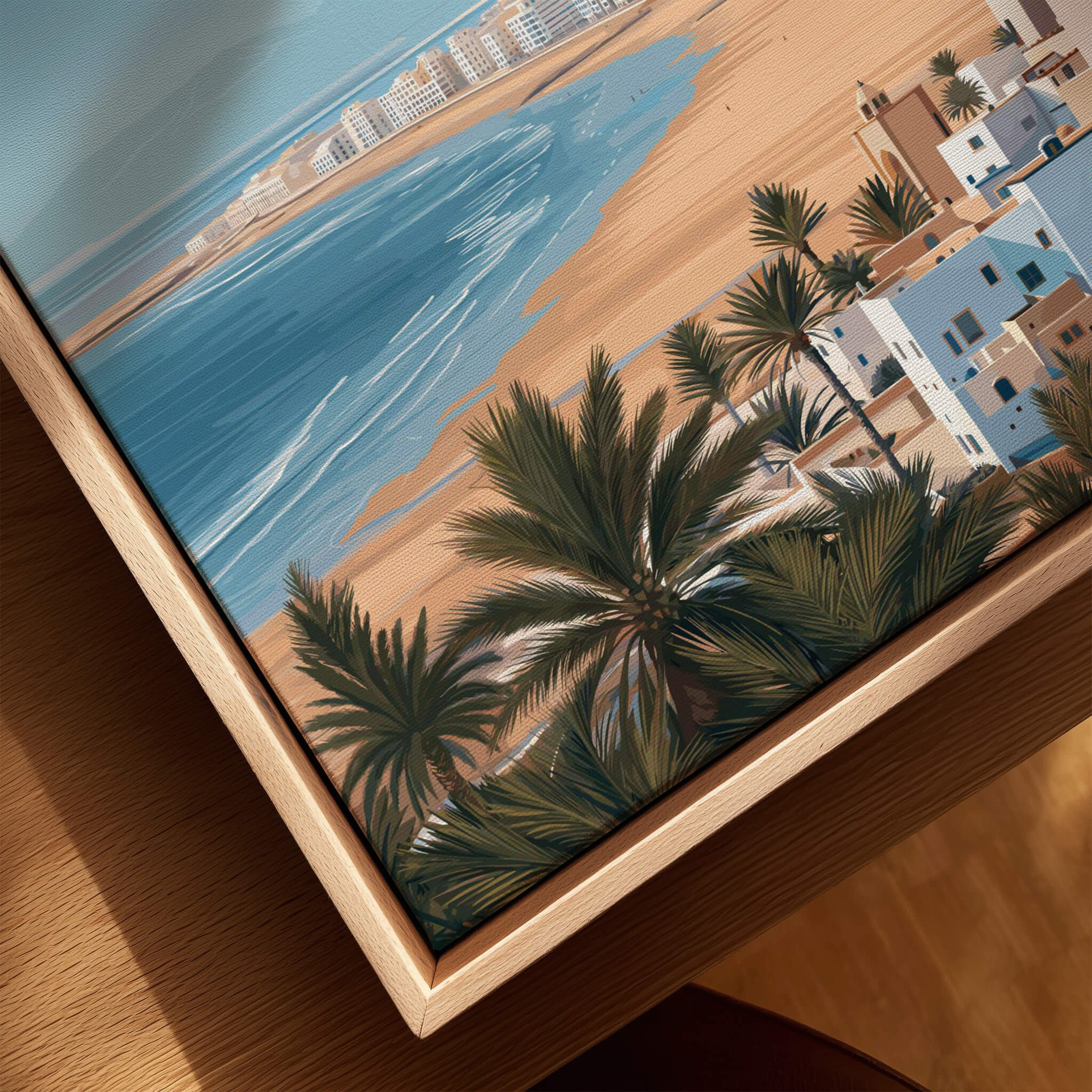 Agadir Morocco Poster – Travel Print featuring coastal scene with sandy beach and palm trees.
