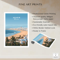 Agadir Morocco Poster – Travel Print featuring coastal scenery, palm trees, and vibrant beach colors for home decor.