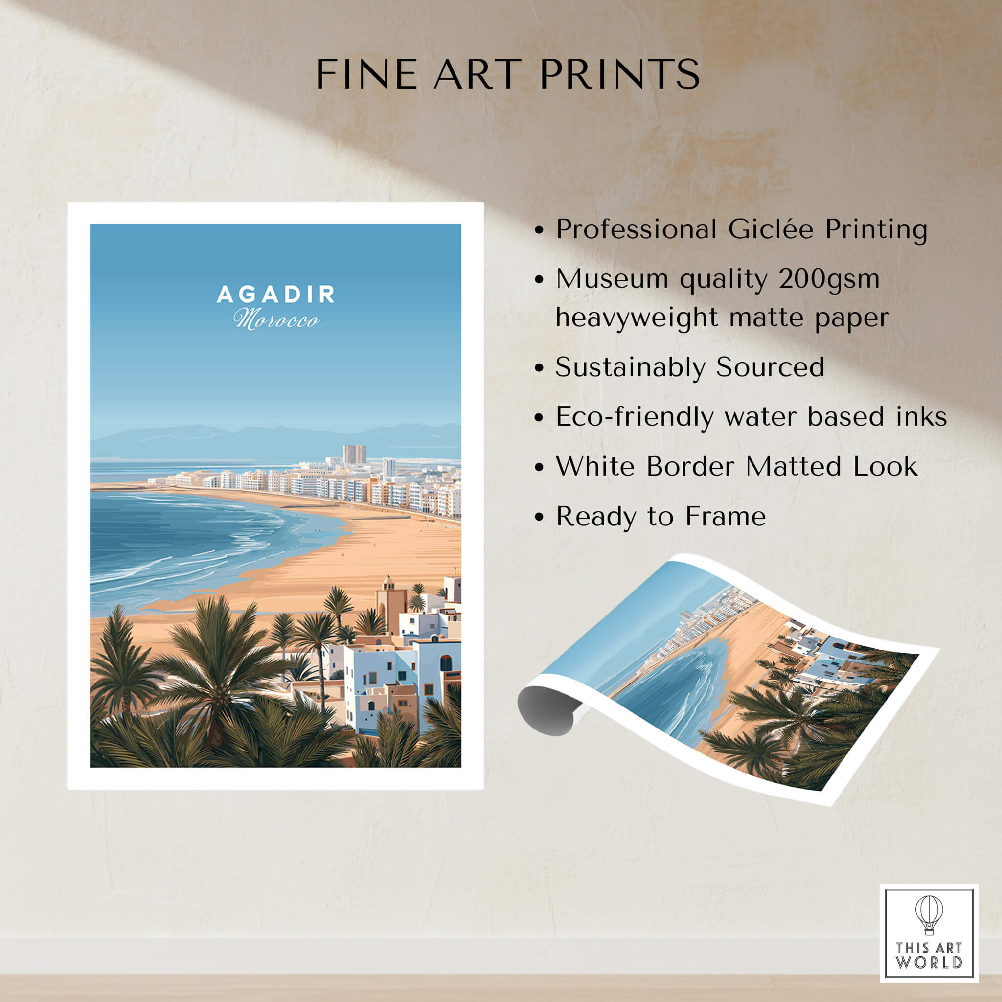 Agadir Morocco Poster – Travel Print featuring coastal scenery, palm trees, and vibrant beach colors for home decor.
