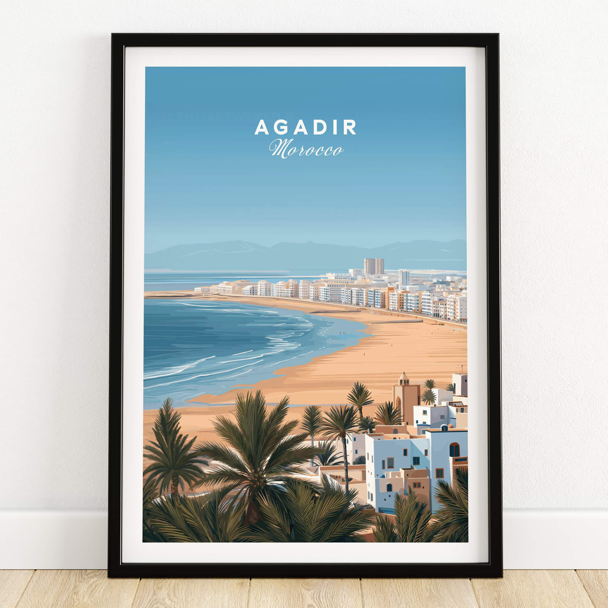 Agadir Morocco Poster – Travel Print featuring coastal views and vibrant beach scenery.