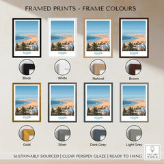 Agadir Morocco Print – Panoramic Beach and Palm Tree Wall Decor displayed with various frame color options.