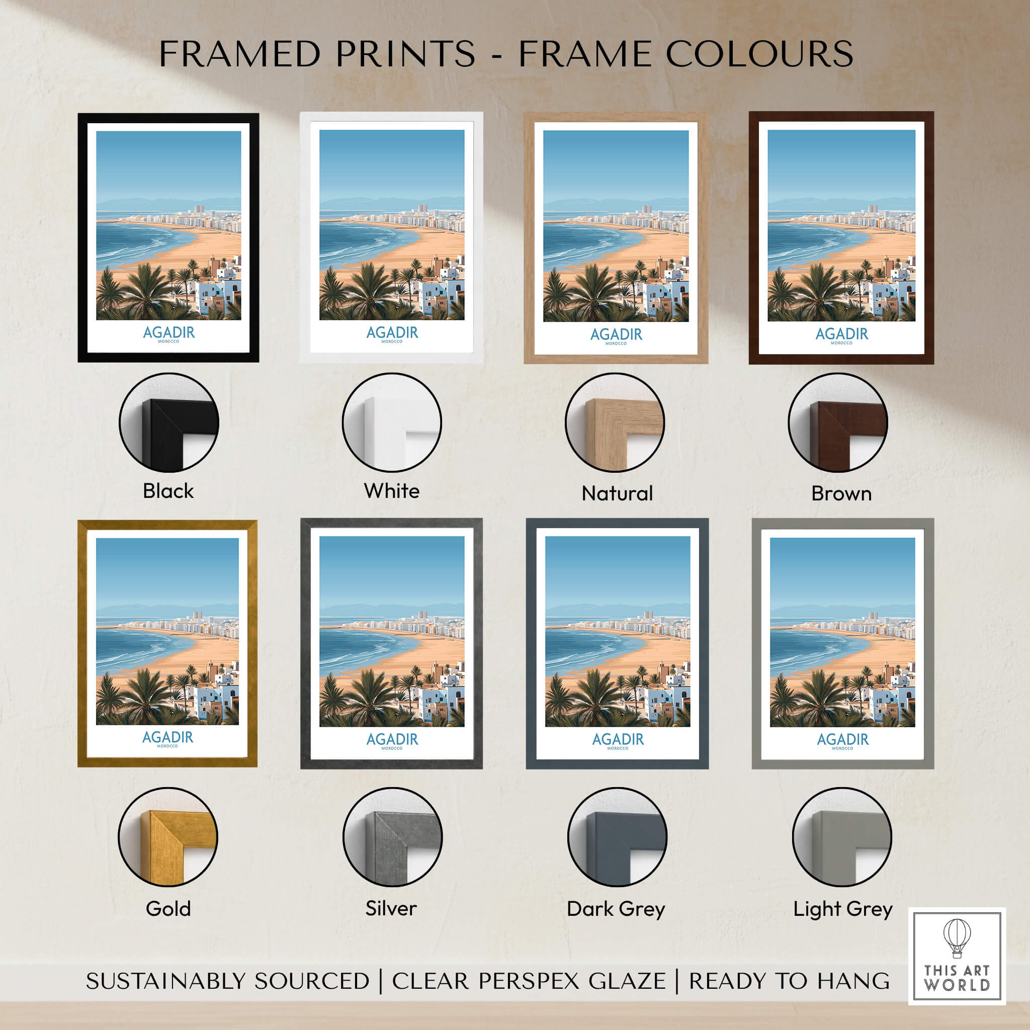 Agadir Morocco Print – Panoramic Beach and Palm Tree Wall Decor displayed with various frame color options.