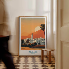Agadir Morocco Print – Minimalist Palm Tree Wall Decor displayed in a stylish interior with a warm sunset backdrop.