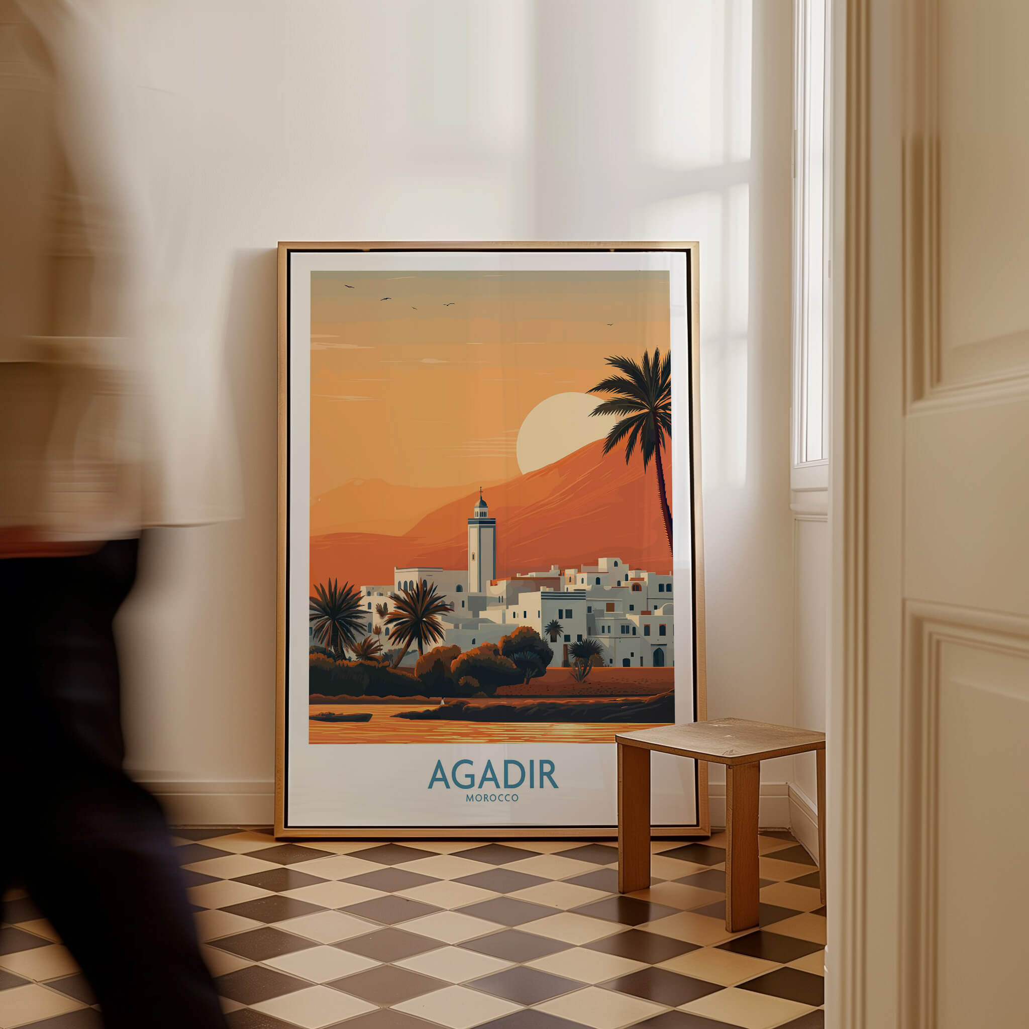 Agadir Morocco Print – Minimalist Palm Tree Wall Decor displayed in a stylish interior with a warm sunset backdrop.