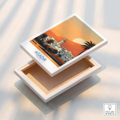 Agadir Morocco Print – Minimalist Palm Tree Wall Decor displayed on a box with sunset and palm trees.