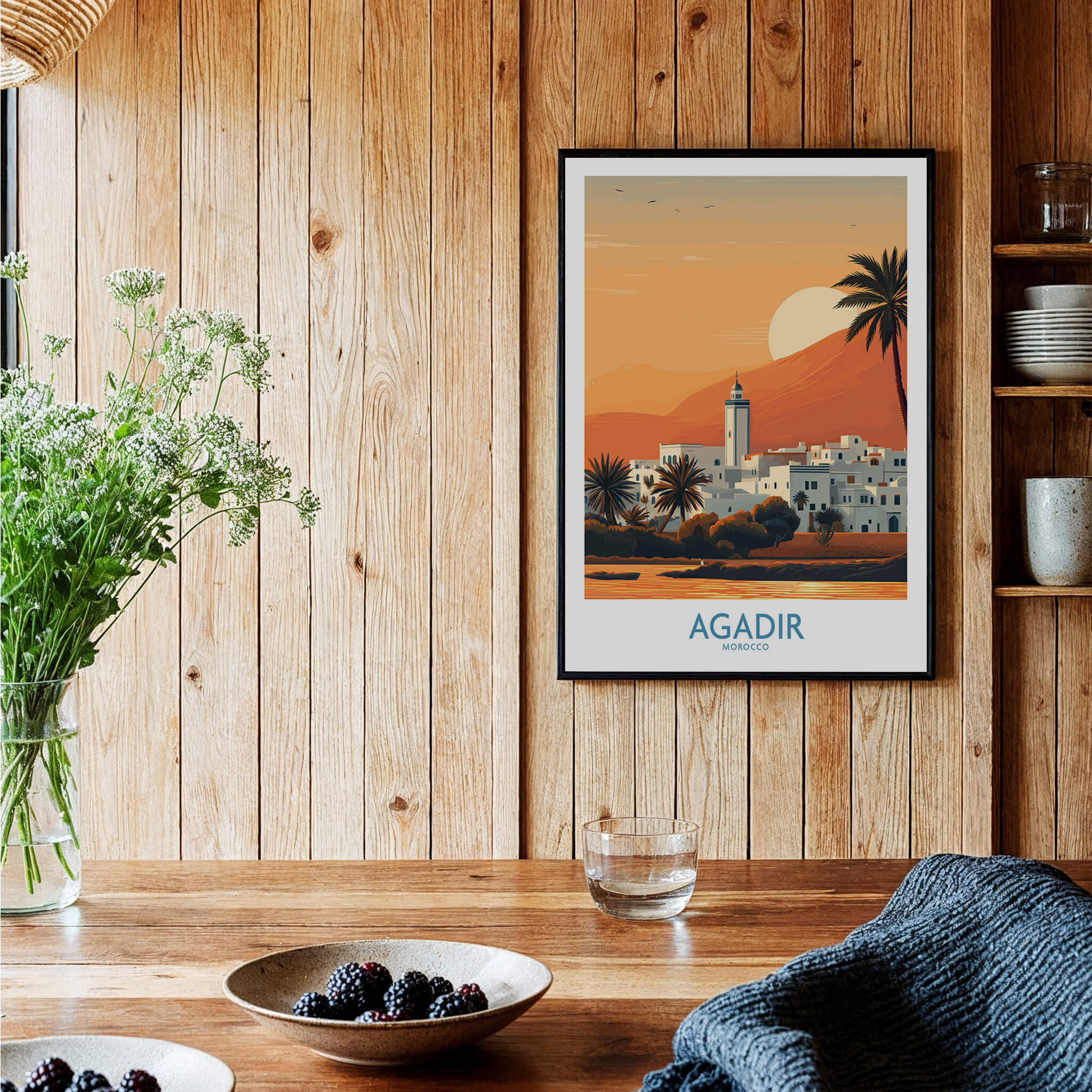 Agadir Morocco Print – Minimalist Palm Tree Wall Decor showcasing a serene coastal scene with palm trees and warm tones.