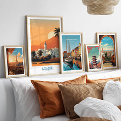 Agadir Morocco Print – Minimalist Palm Tree Wall Decor displayed in stylish frames on a modern sofa.