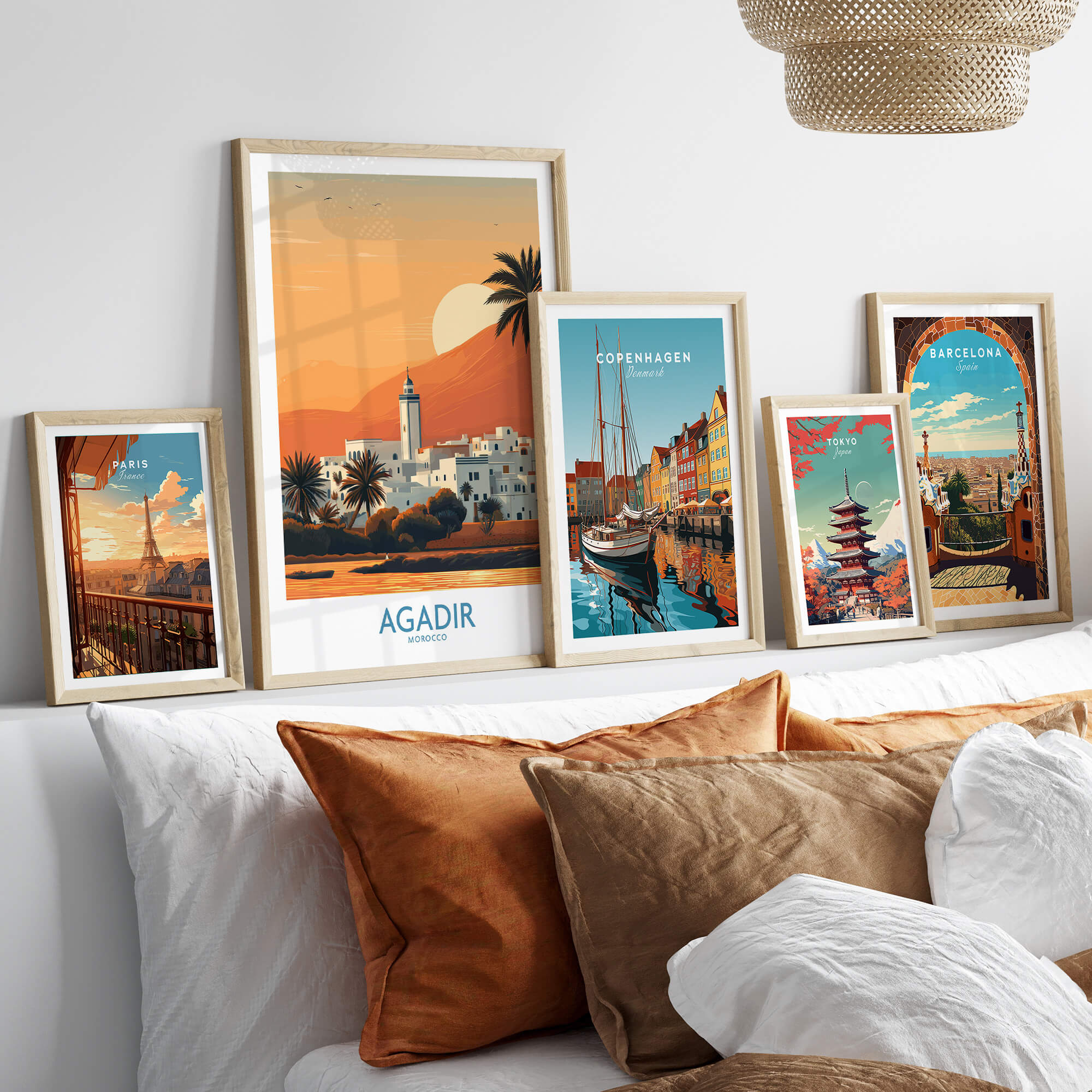 Agadir Morocco Print – Minimalist Palm Tree Wall Decor displayed in stylish frames on a modern sofa.