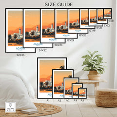 Agadir Morocco Print – Minimalist Palm Tree Wall Decor size guide with various frame dimensions displayed.
