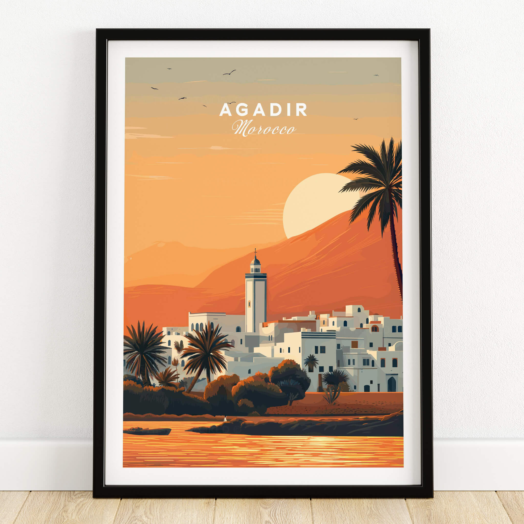 Agadir Travel Poster – Moroccan Mosque and Desert Sunset Art featuring a scenic view of Agadir, Morocco.