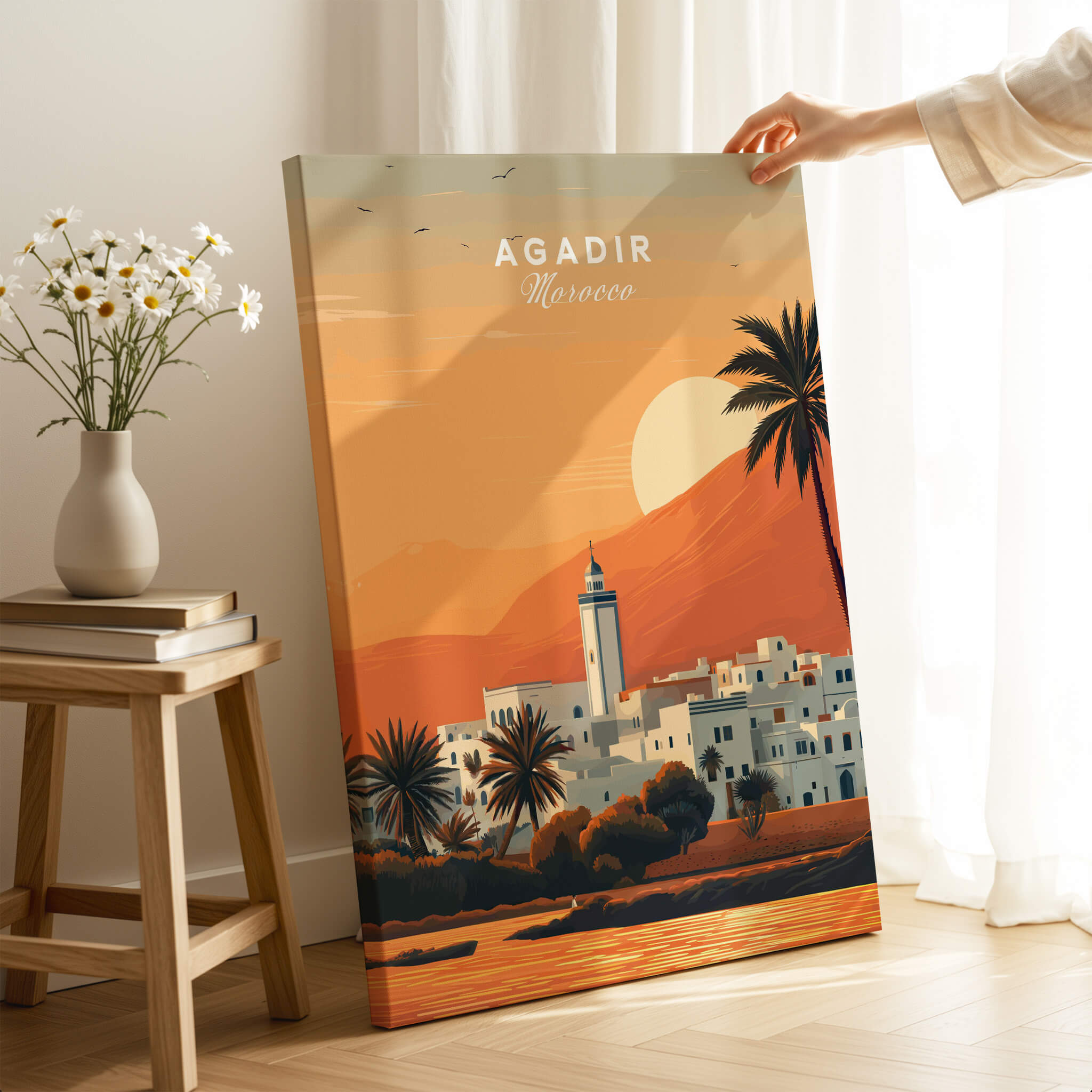 Agadir Travel Poster – Moroccan Mosque and Desert Sunset Art showcased in a cozy living room setting.