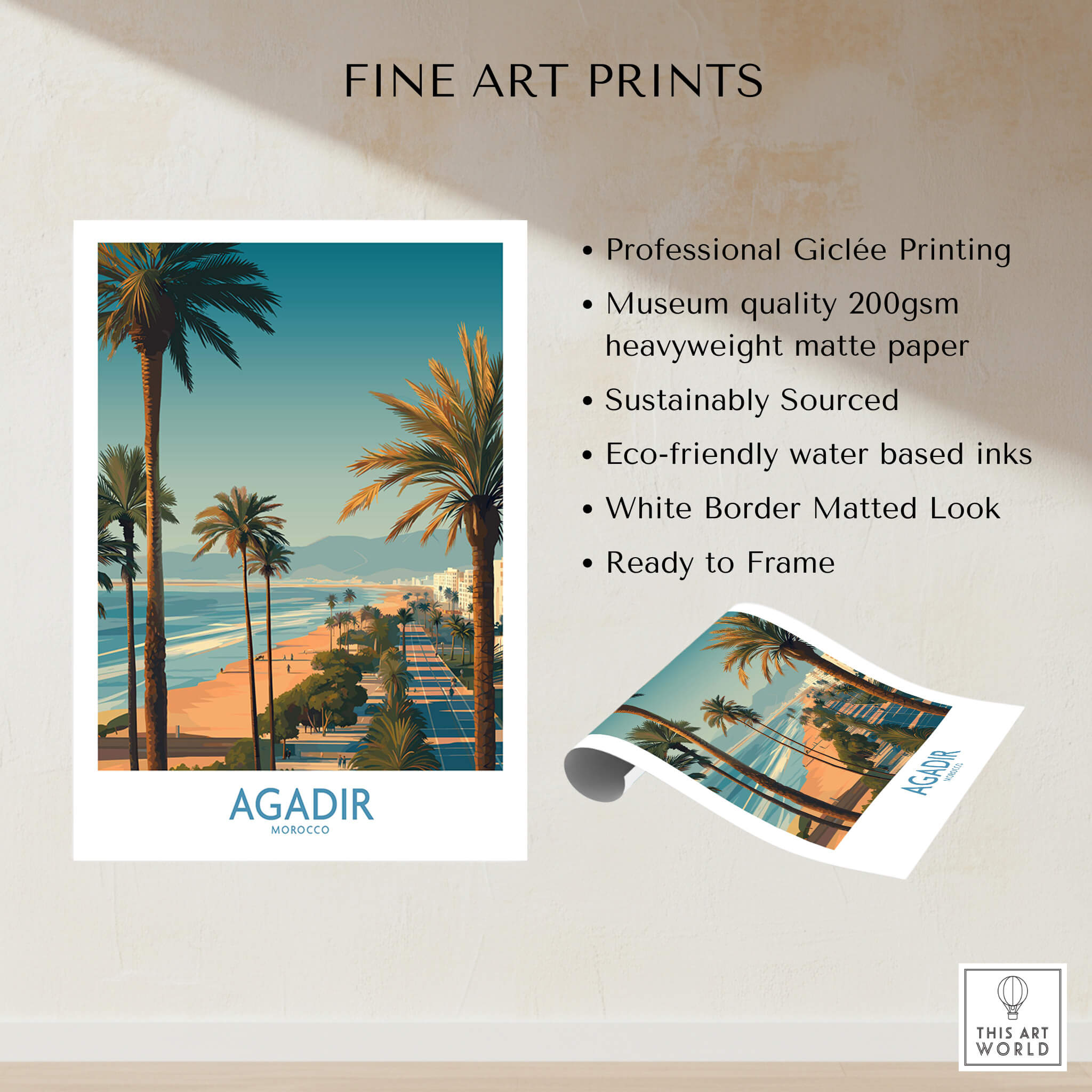 Agadir Morocco Wall Art Canvas featuring palm trees and a coastal promenade, perfect for home decor.