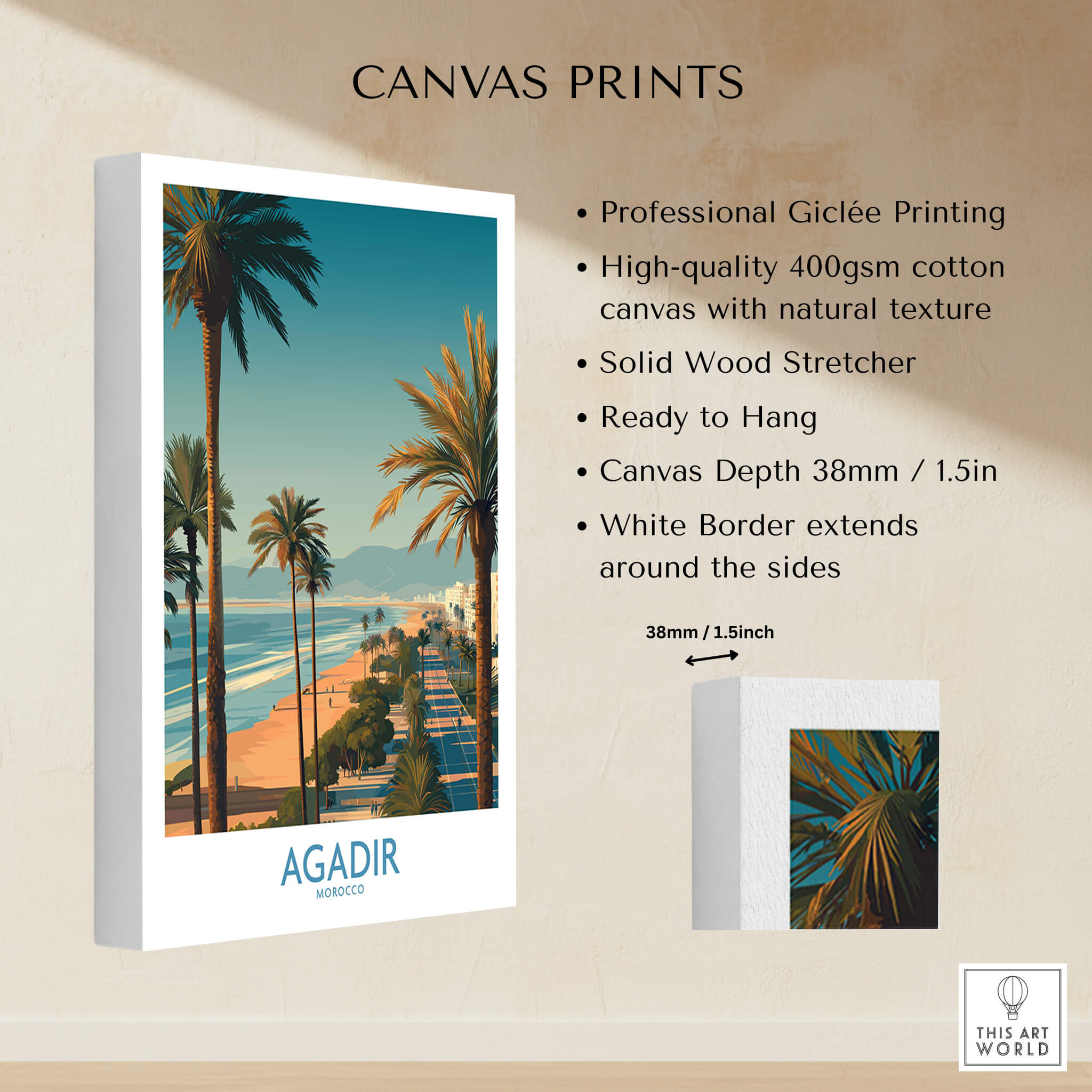 Agadir Morocco Wall Art Canvas showcasing a Giclée print with palm trees and Mediterranean views, ready to hang.