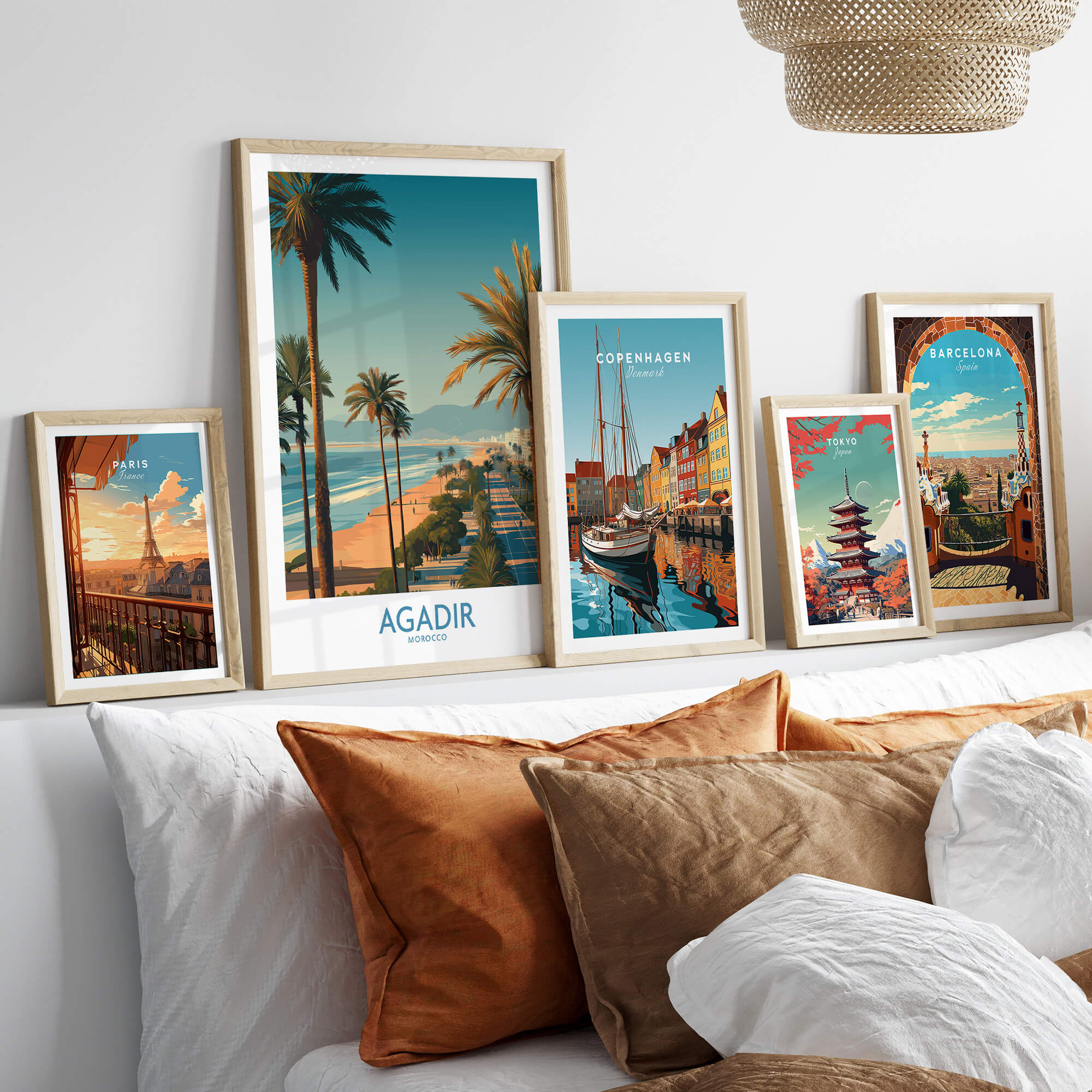 Agadir Morocco Wall Art Canvas featuring coastal scenes and palm trees in stylish frame display.