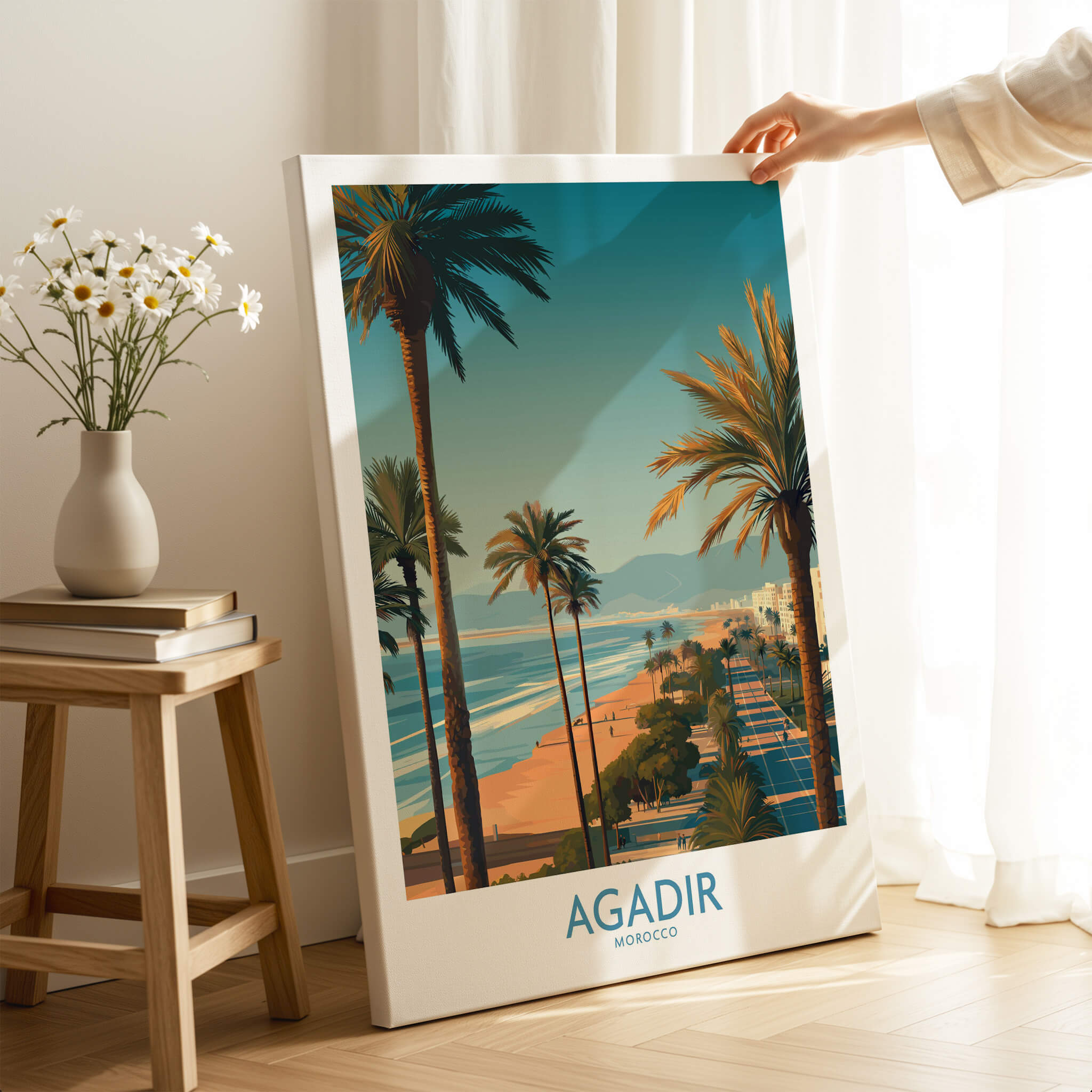 Agadir Morocco Wall Art Canvas featuring palm trees and coastal views of Agadir, Morocco.