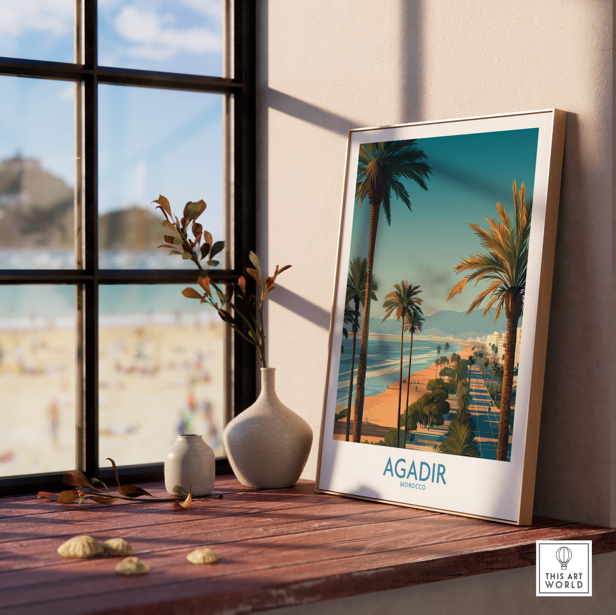 Agadir Morocco Wall Art Canvas featuring palm trees and Mediterranean light, enhancing any coastal-themed decor.