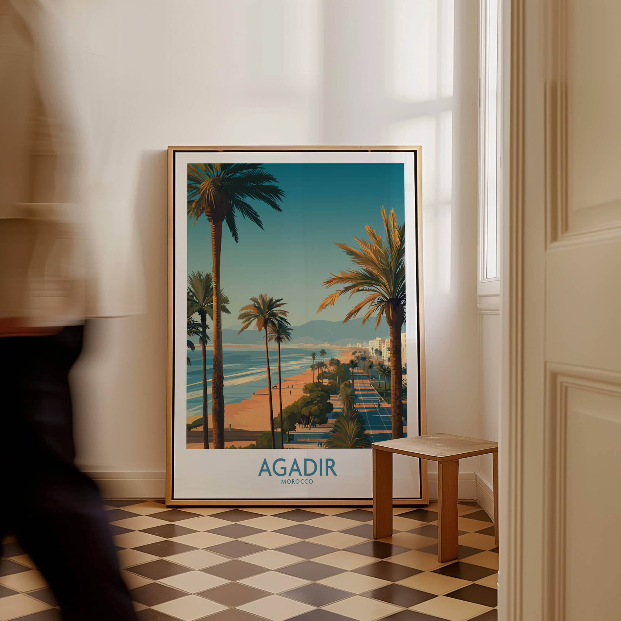Agadir Morocco Wall Art Canvas featuring palm trees and a coastal view in a stylish interior setting.