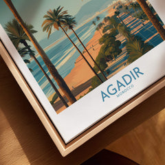 Agadir Morocco Wall Art Canvas featuring a vibrant coastal scene with palm trees and ocean views.