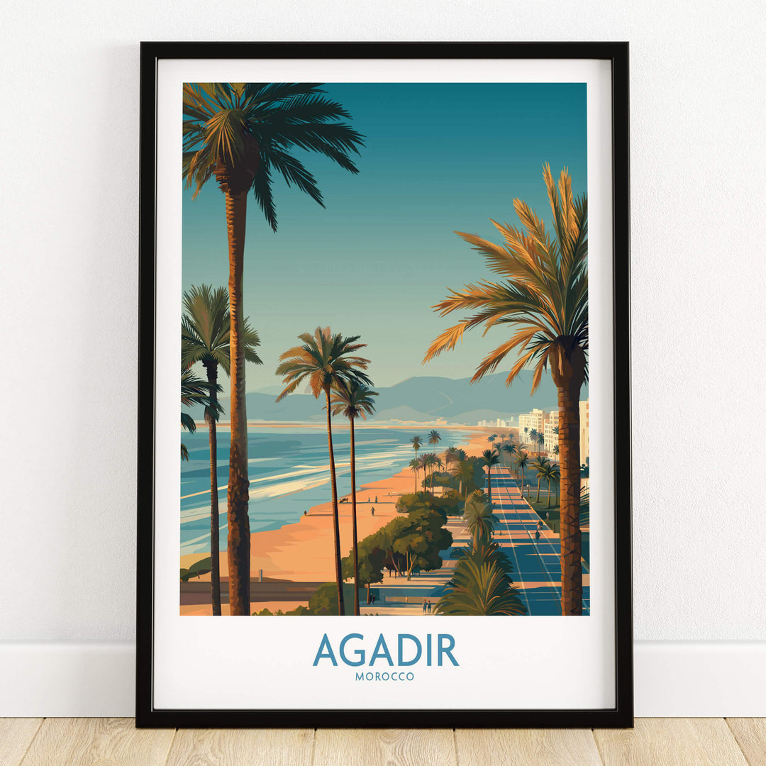 Agadir Morocco Wall Art Canvas featuring a vibrant coastal scene with palm trees and sunset in Agadir, Morocco.