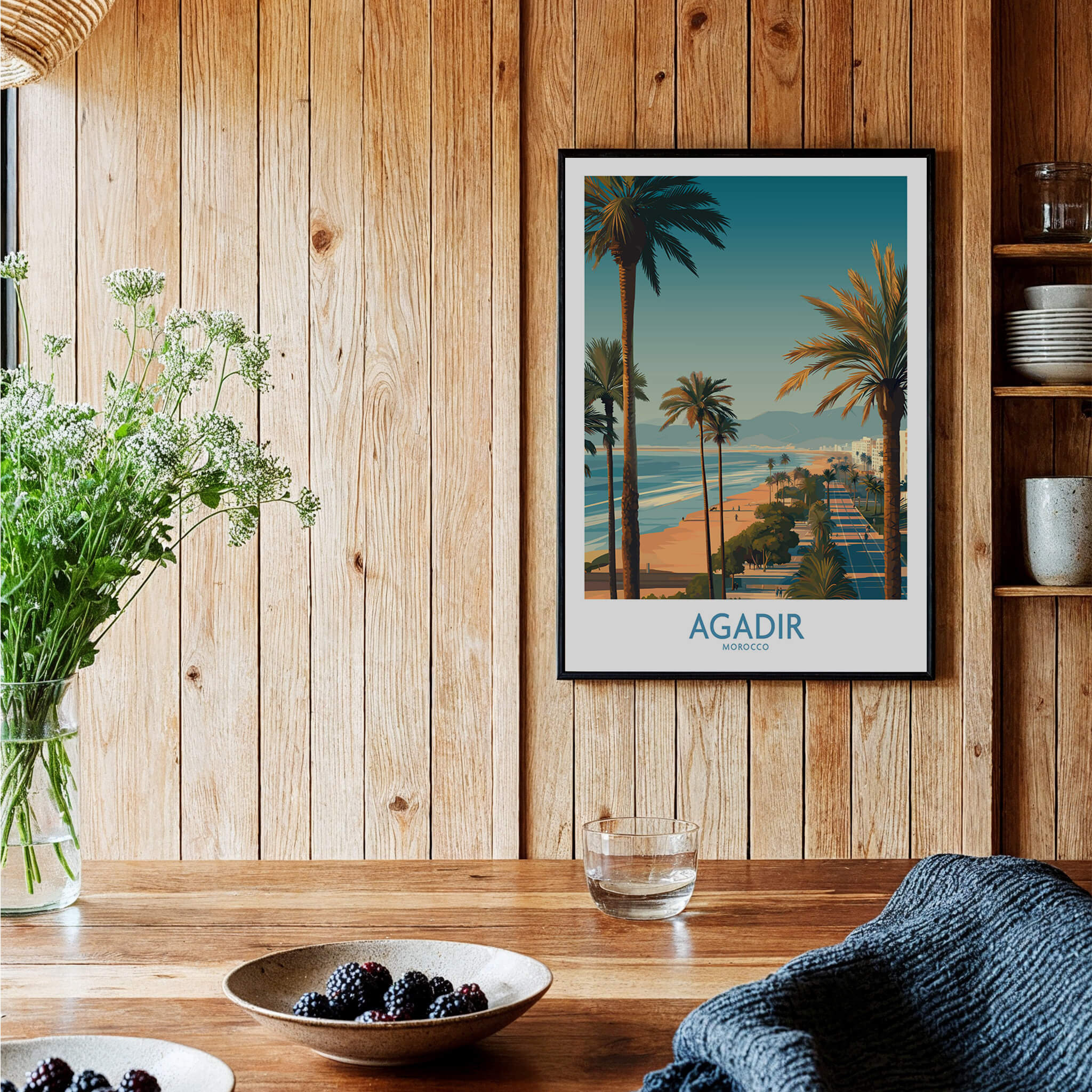 Agadir Morocco Wall Art Canvas featuring a vibrant coastal scene with palm trees and Mediterranean light.