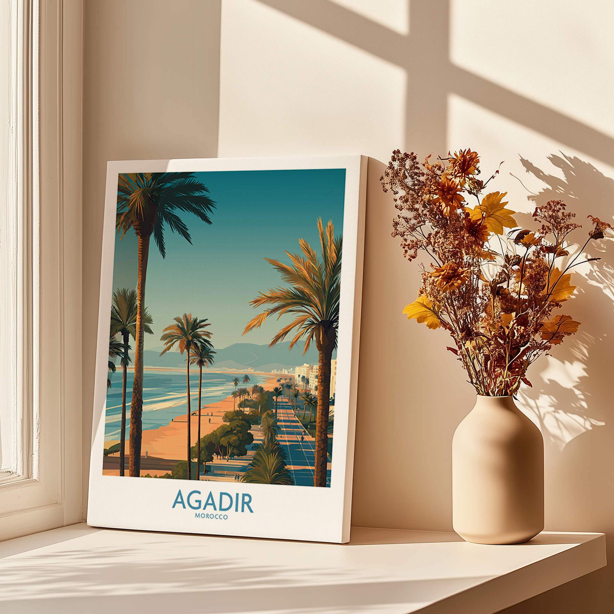 Agadir Morocco Wall Art Canvas featuring palm trees and the coastal promenade of Agadir, Morocco.