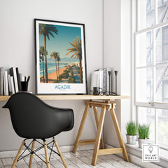 Agadir Morocco Wall Art Canvas in modern workspace featuring palm trees and coastal view.