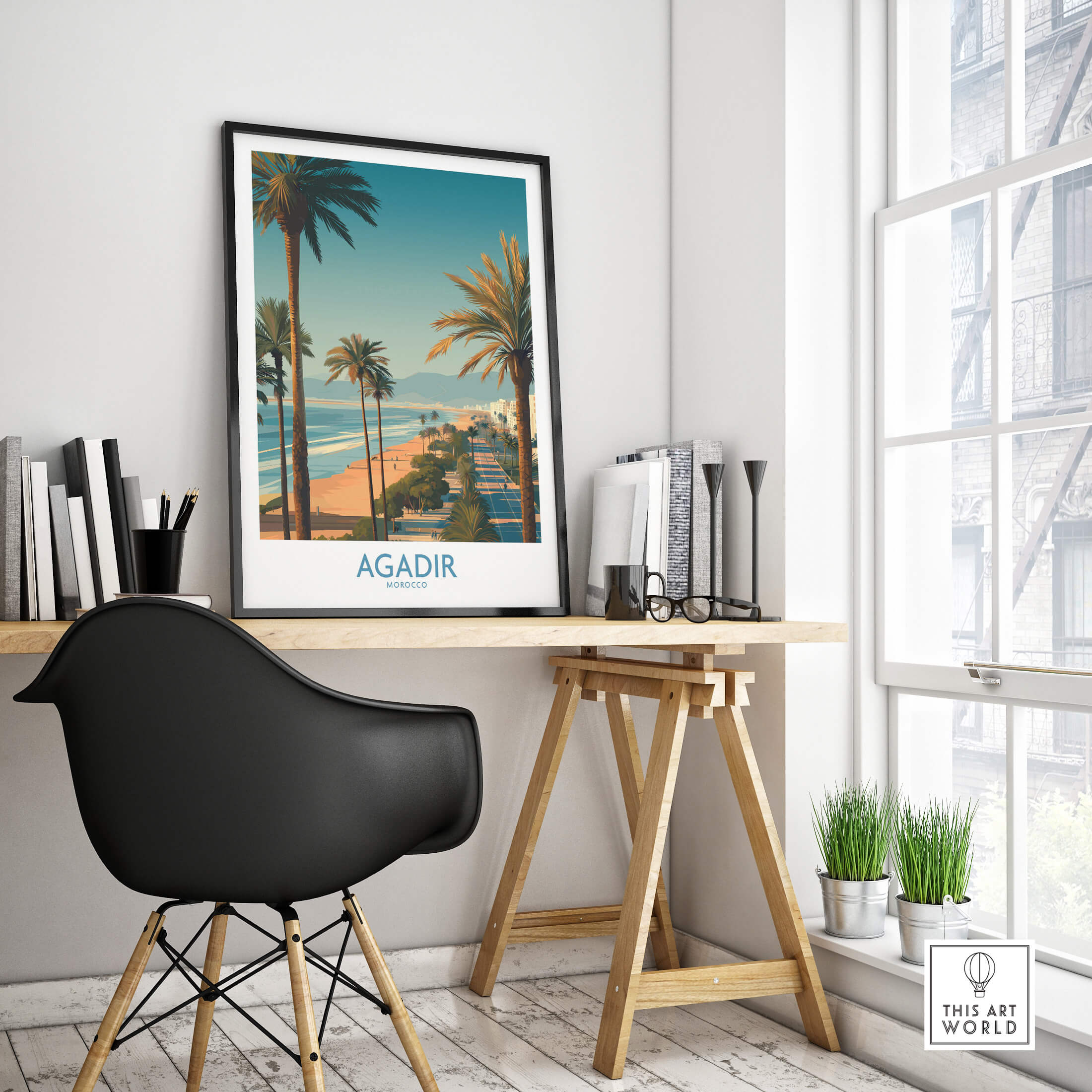 Agadir Morocco Wall Art Canvas in modern workspace featuring palm trees and coastal view.