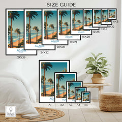 Agadir Morocco Wall Art Canvas size guide with palm trees and beach imagery in various frame sizes.