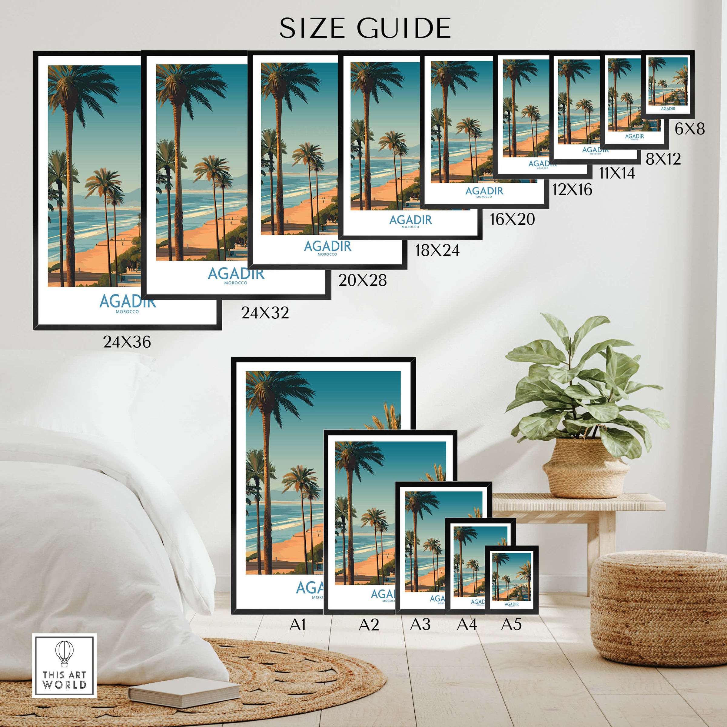 Agadir Morocco Wall Art Canvas size guide with palm trees and beach imagery in various frame sizes.