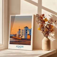 Agadir Morocco Wall Art featuring vibrant coastal scenery and architecture in warm hues.