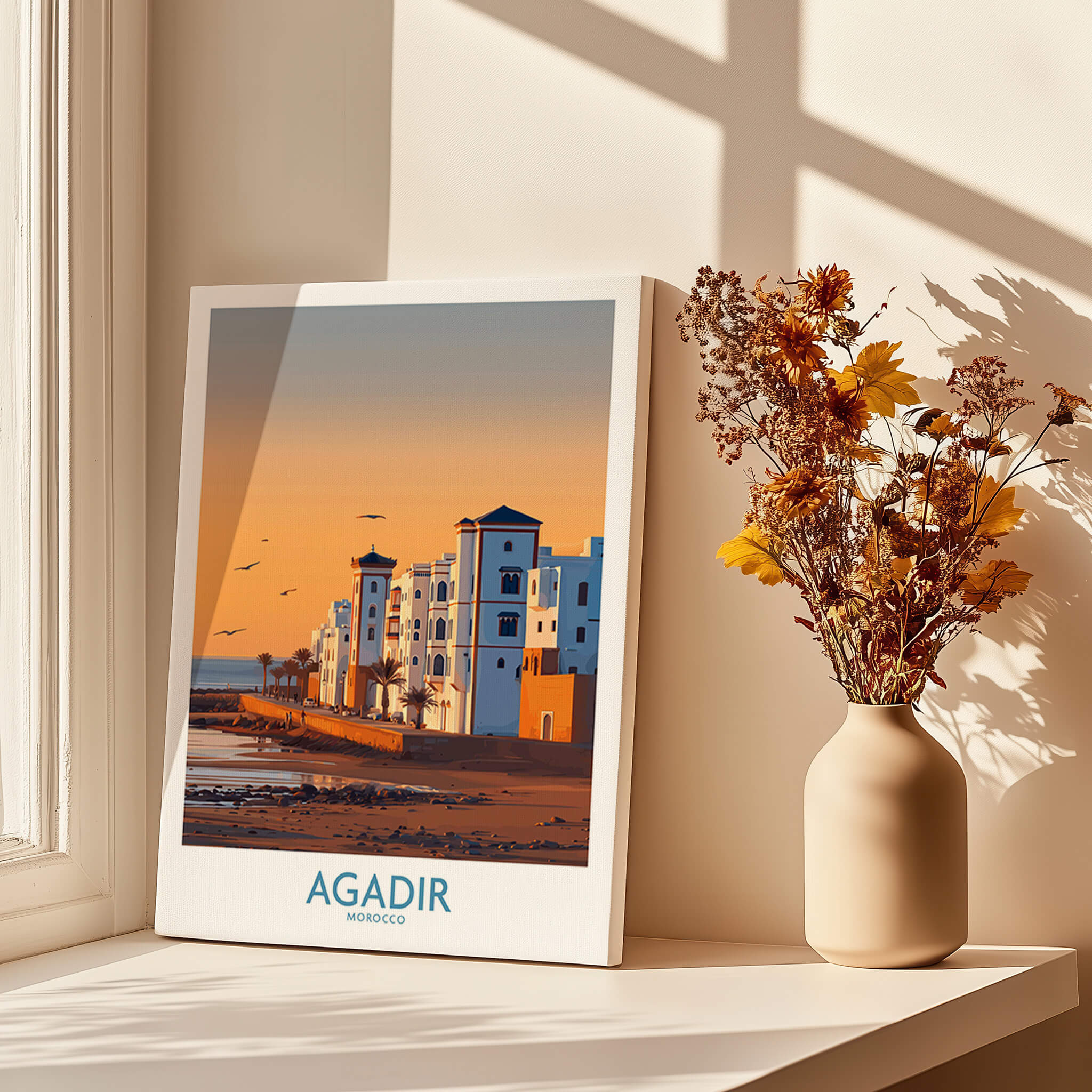 Agadir Morocco Wall Art featuring vibrant coastal scenery and architecture in warm hues.