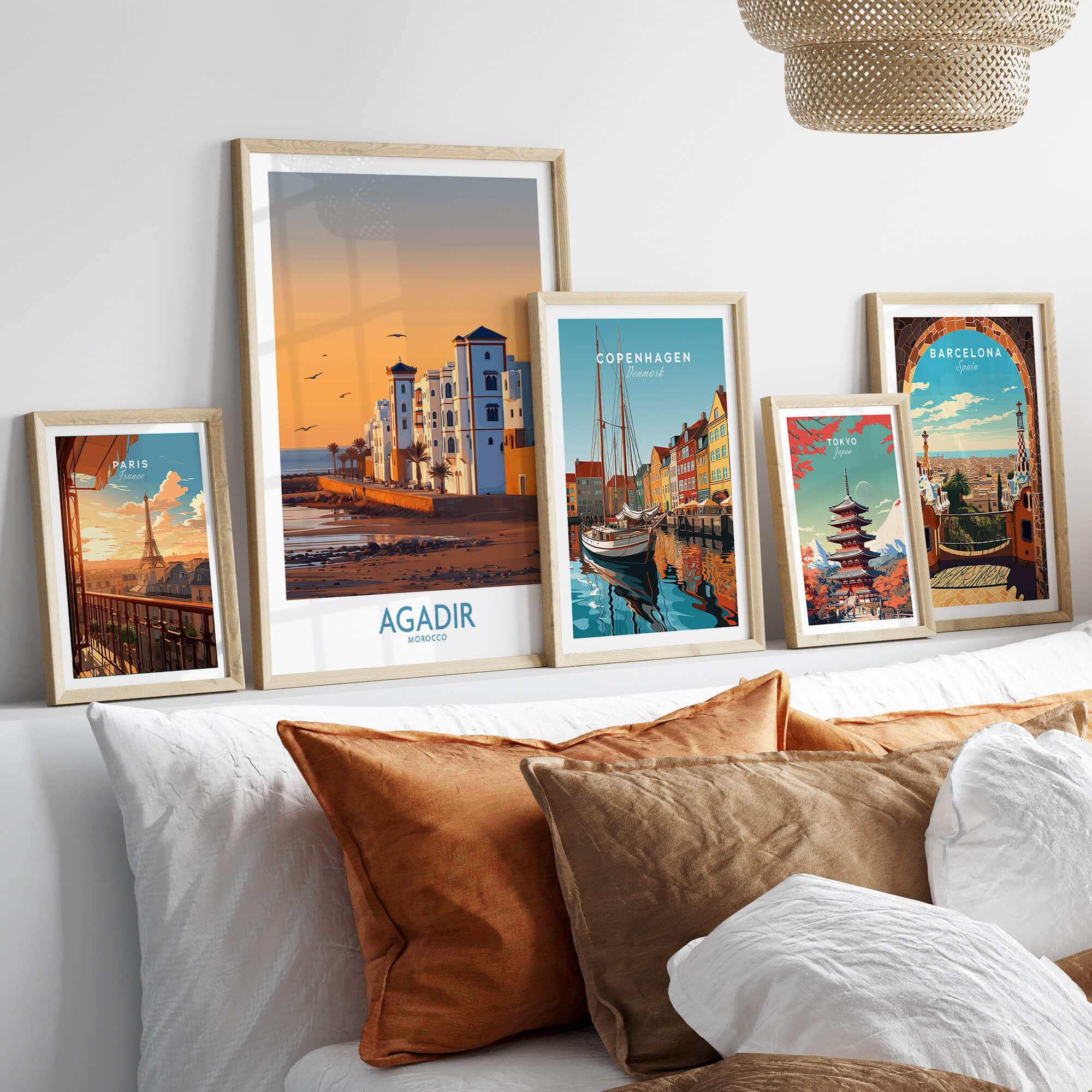 Agadir Morocco Wall Art featuring vibrant prints of coastal destinations in a stylish home setting.