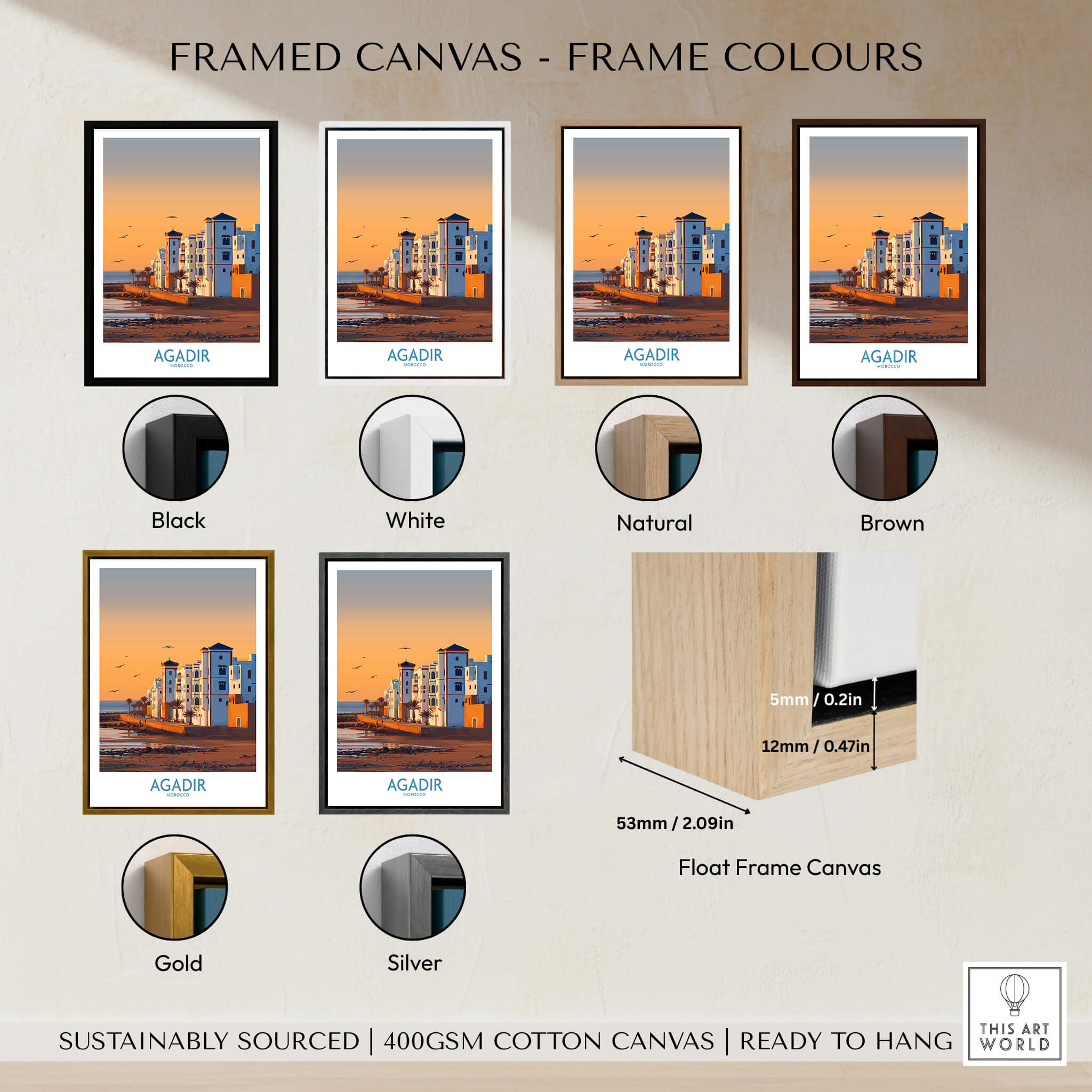 Agadir Morocco Wall Art framed canvas options showcasing various frame colors and styles for home decor.